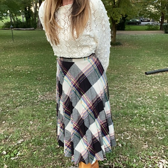 Vintage 70s rainbow plaid wool skirt - Picture 1 of 5